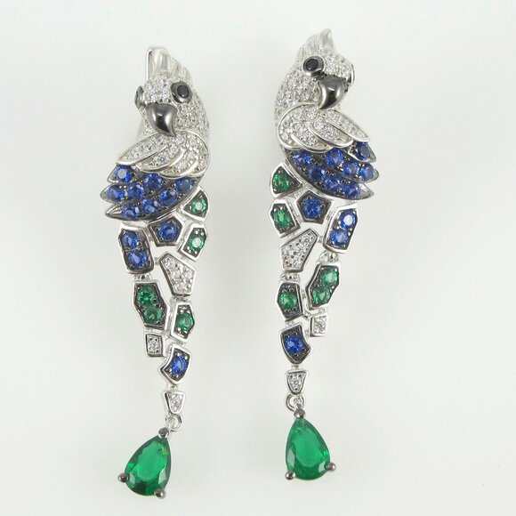 Sterling CZ Cockatoo Parrot Earrings with Green Spinel - Picture 1 of 10